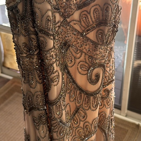 Beaded evening gown nude sheer wedding formal sleeveless natural size 10 dress - Picture 9 of 13